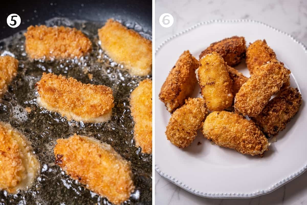 Deep frying ham croquettes (photo 1) and a white plate filled with fried croquettes (photo 2)