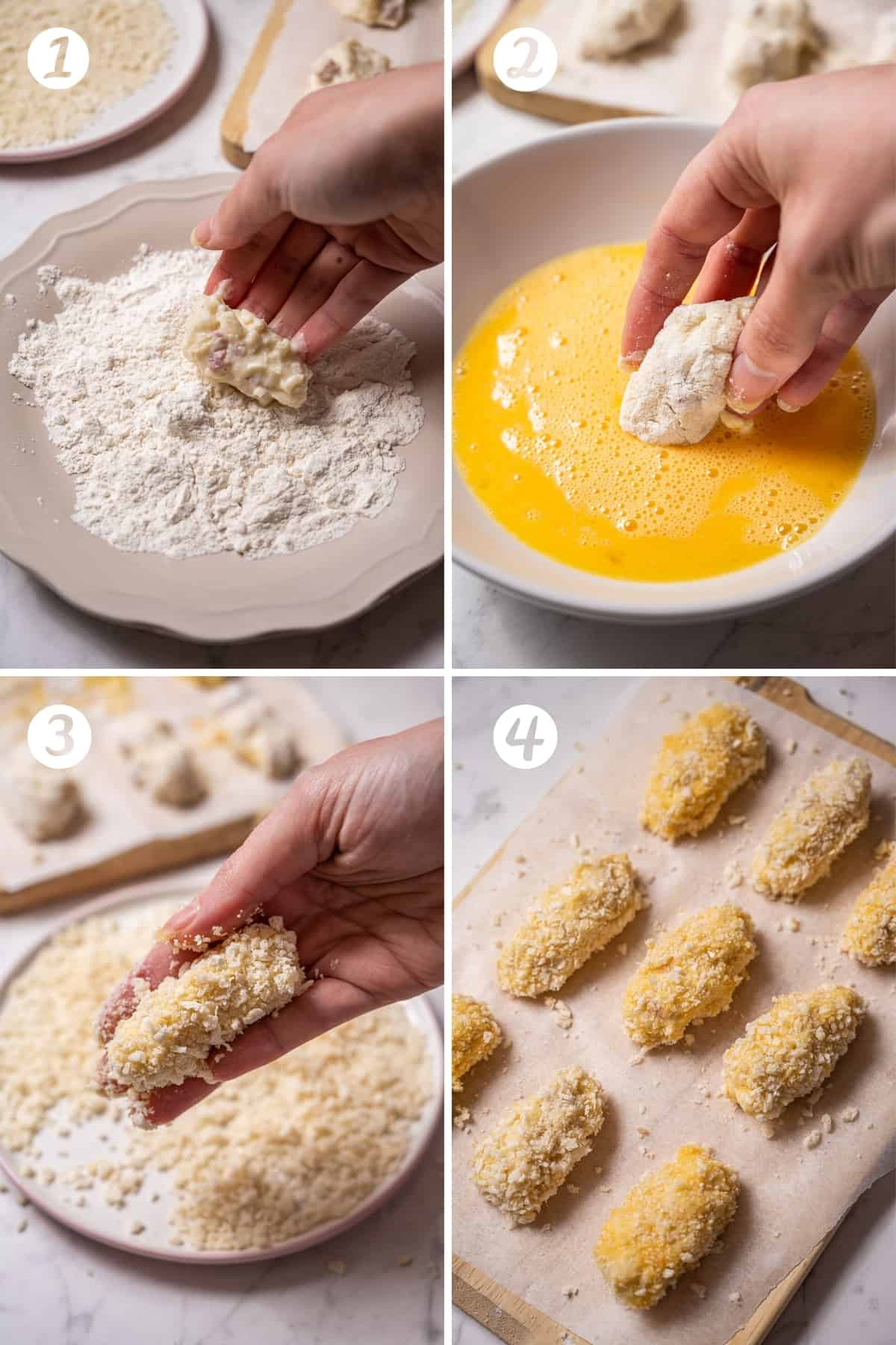 4 photos in a grid showing steps to bread and fry croquettes: dip in flour, dip in egg, dip in bread crumbs.
