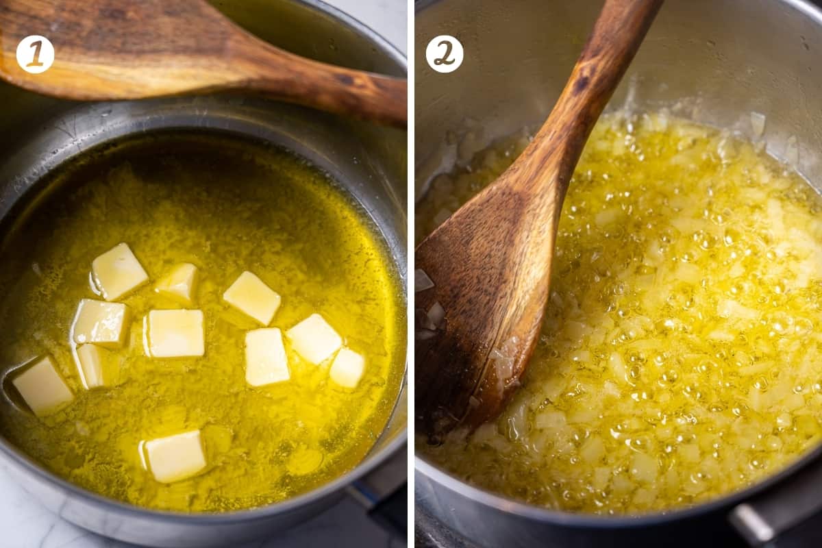 Two photos of steps for making ham croquettes. Step 1 melt butter and heat olive oil. Step two sautee diced onion.