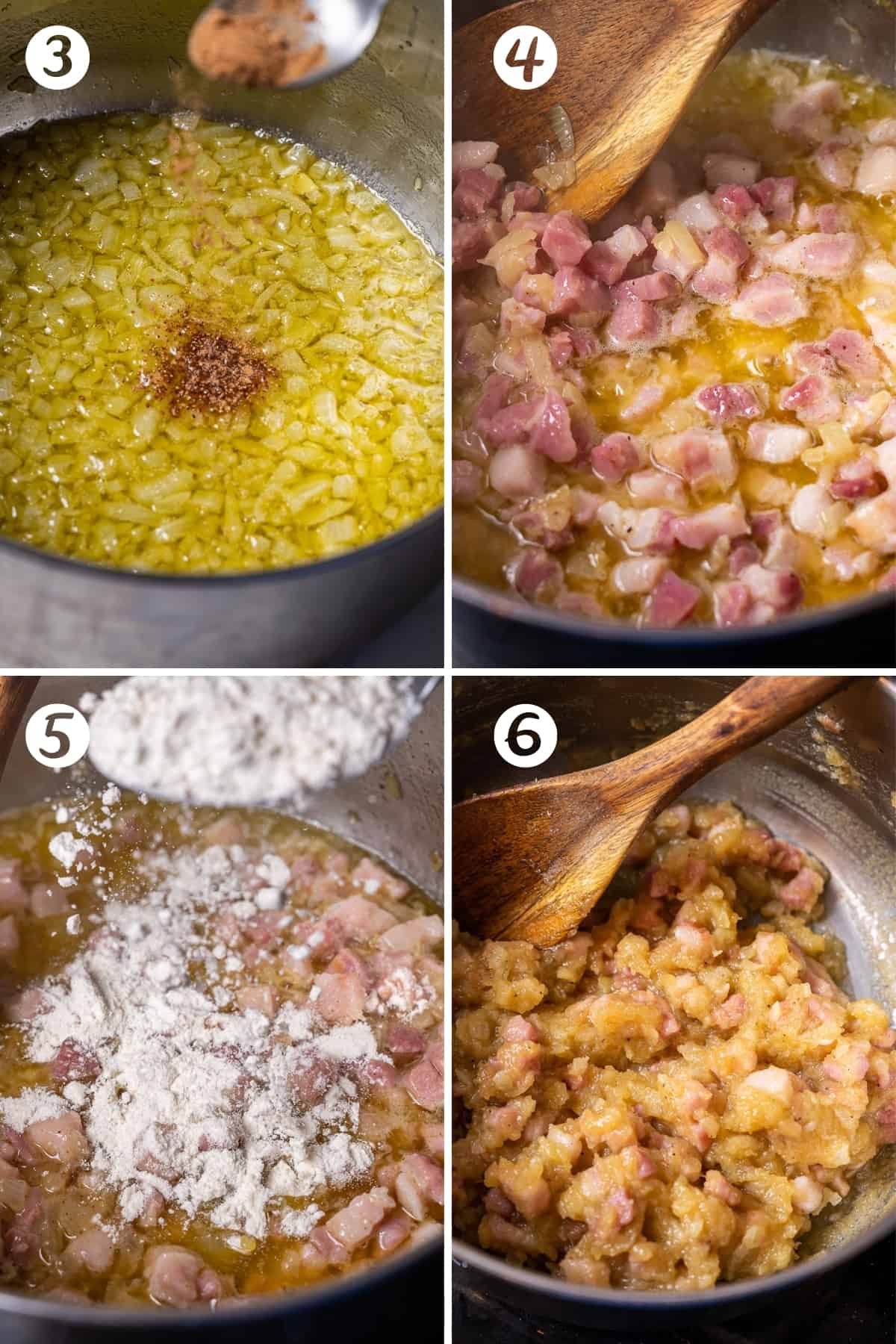 Steps 3-6 for making ham croquettes in a grid. Adding nutmeg to onions, adding Serrano ham, adding flour, and sauteeing.