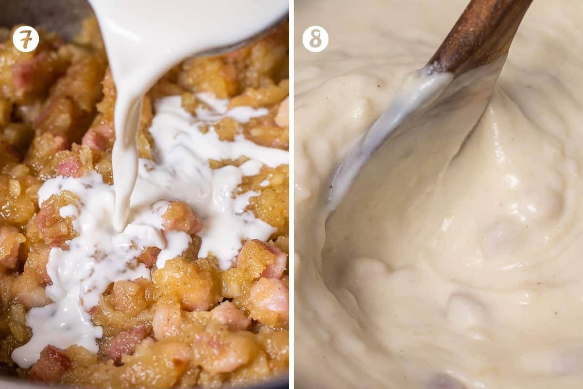 Adding milk to croquette dough (photo 1) and then light and creamy dough after adding all milk (photo two)