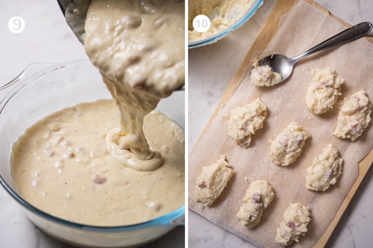 Pouring hot croquette dough into a glass bowl (photo 1) and making croquette logs with a metal spoon on a wooden board (photo 2)