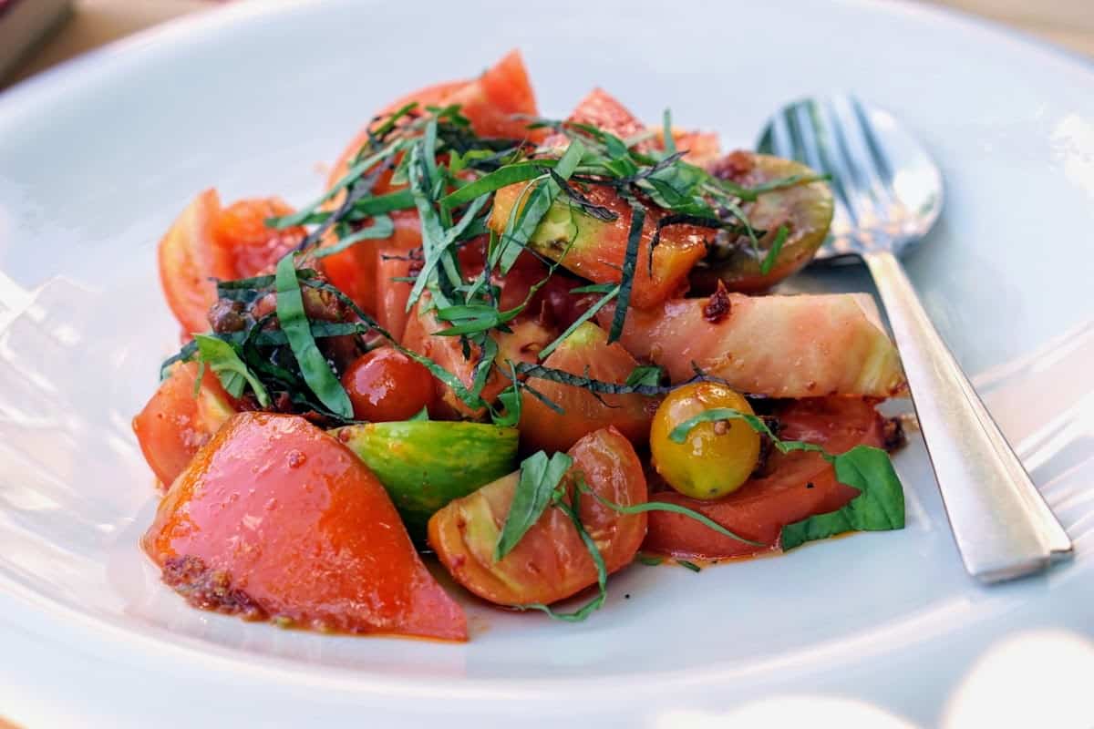 Plate of vegetarian tomato salad garnished with herbs.