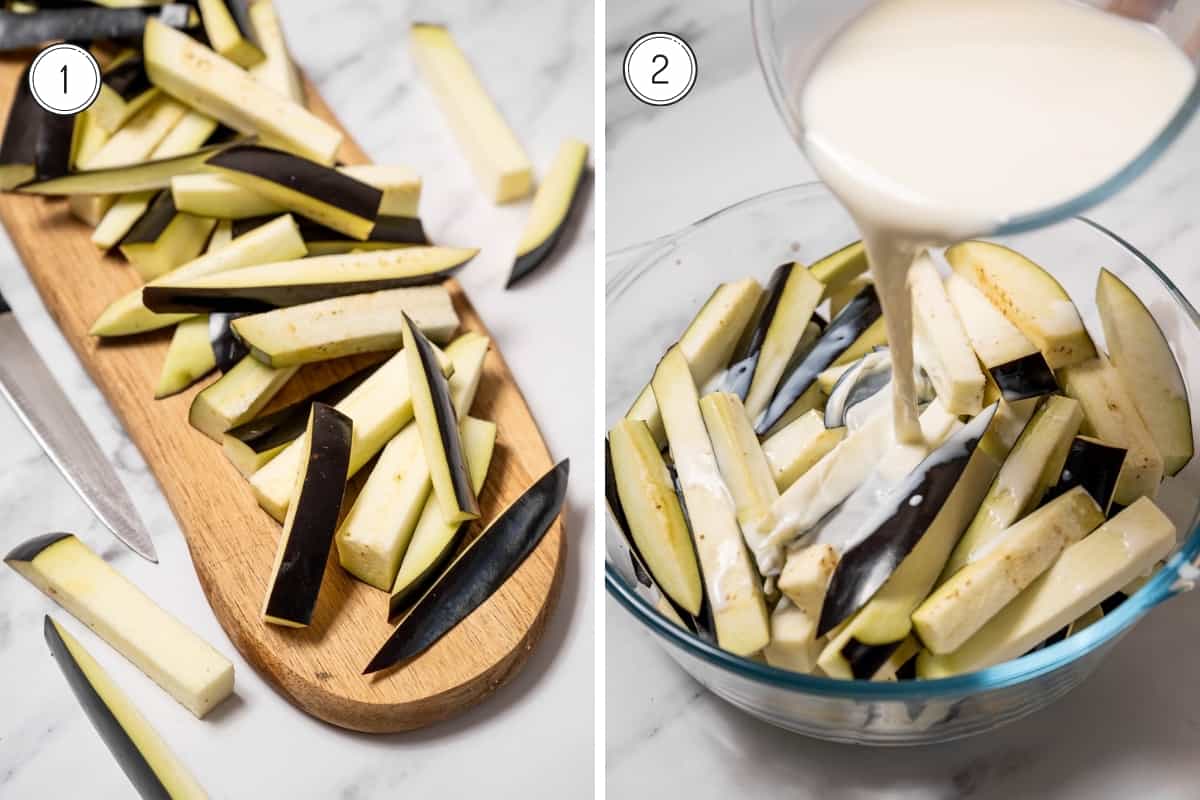 cutting eggplant into matchsticks and soaking in milk.