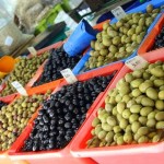 Olives in La Boqueria market in Barcelona.
