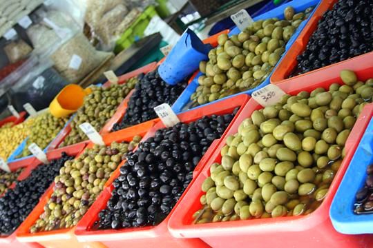 Olives in La Boqueria market in Barcelona.