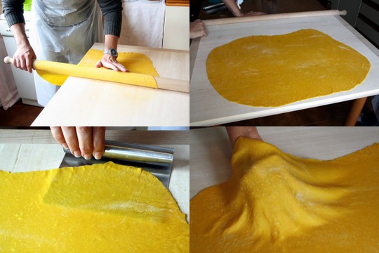 Rolling pasta dough.