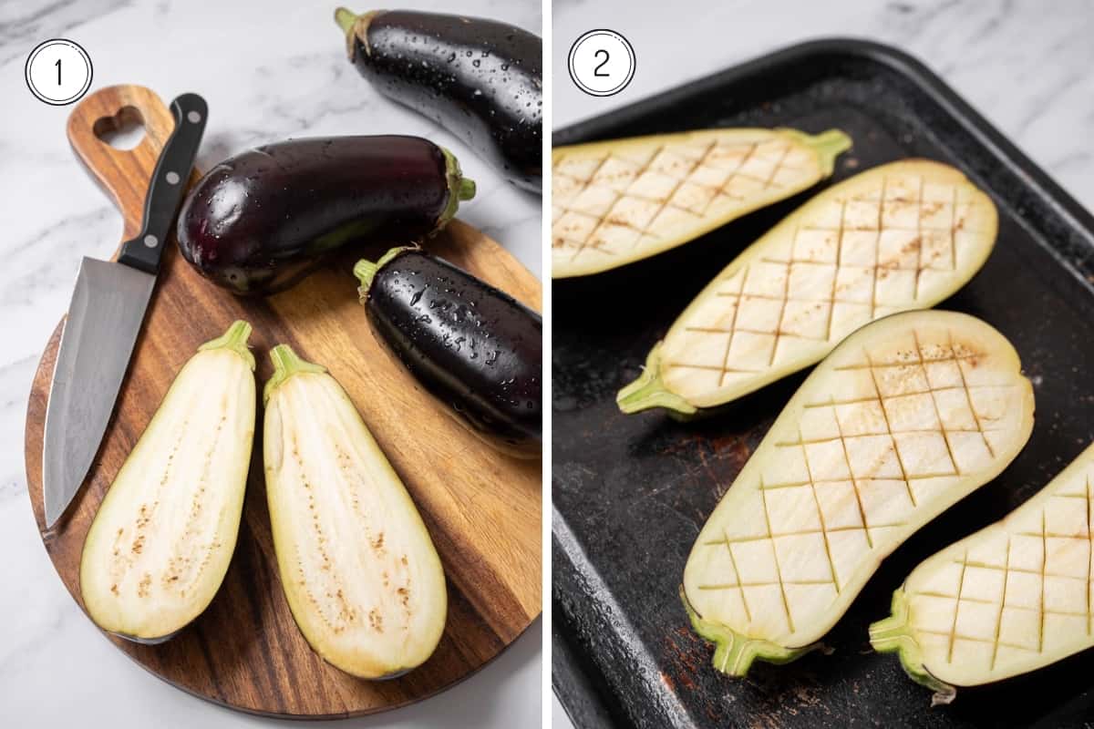 Steps 1-2 of Spanish stuffed eggplant in a grid.