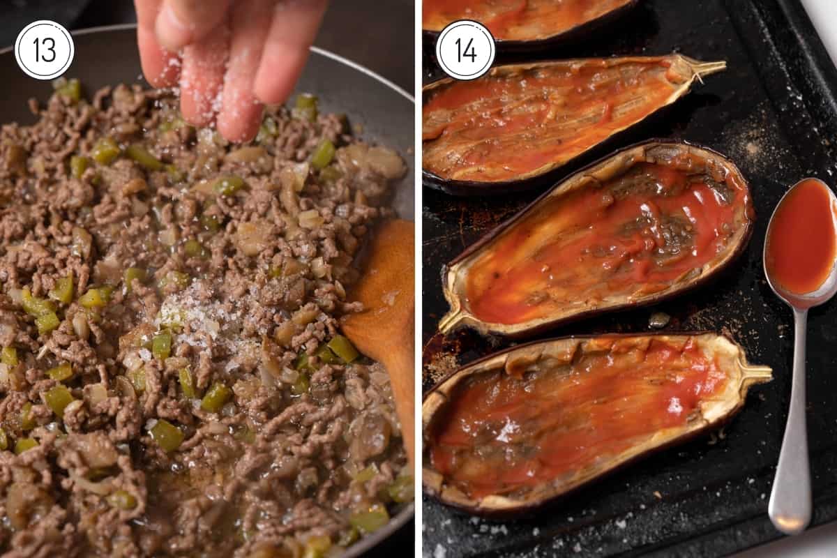 steps 13-14 Spanish stuffed eggplant in a grid.