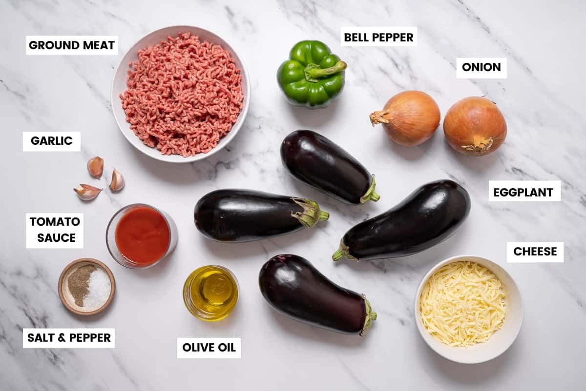 Spanish stuffed eggplant ingredients on a marble countertop.