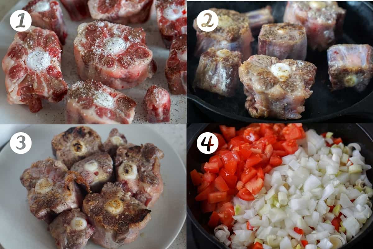Cooking rabo de toro step by step: raw oxtail seasoned with salt and pepper on a plate, browned oxtail in a skillet, oxtail resting on a plate, and diced onion, leek and pepper in a pan. 