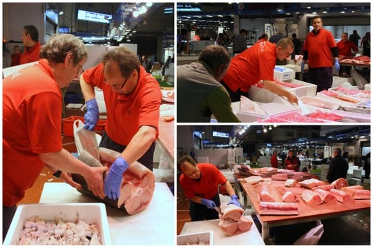 Three photos of red-shirted men cutting and arranging large pieces of raw tuna.