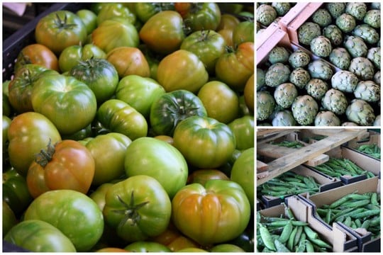 Green tomatoes, artichokes, and pea pods in boxes at Mercamadrid.