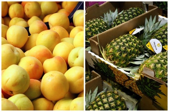 Two photos of nectarines and pineapples in boxes.