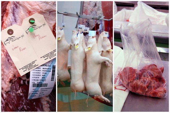 Three photos: a tag pinned to raw meat, hanging piglets, and a plastic bag of offal.