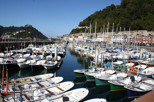 A small marina crowded with small boats, with green mountains in the background