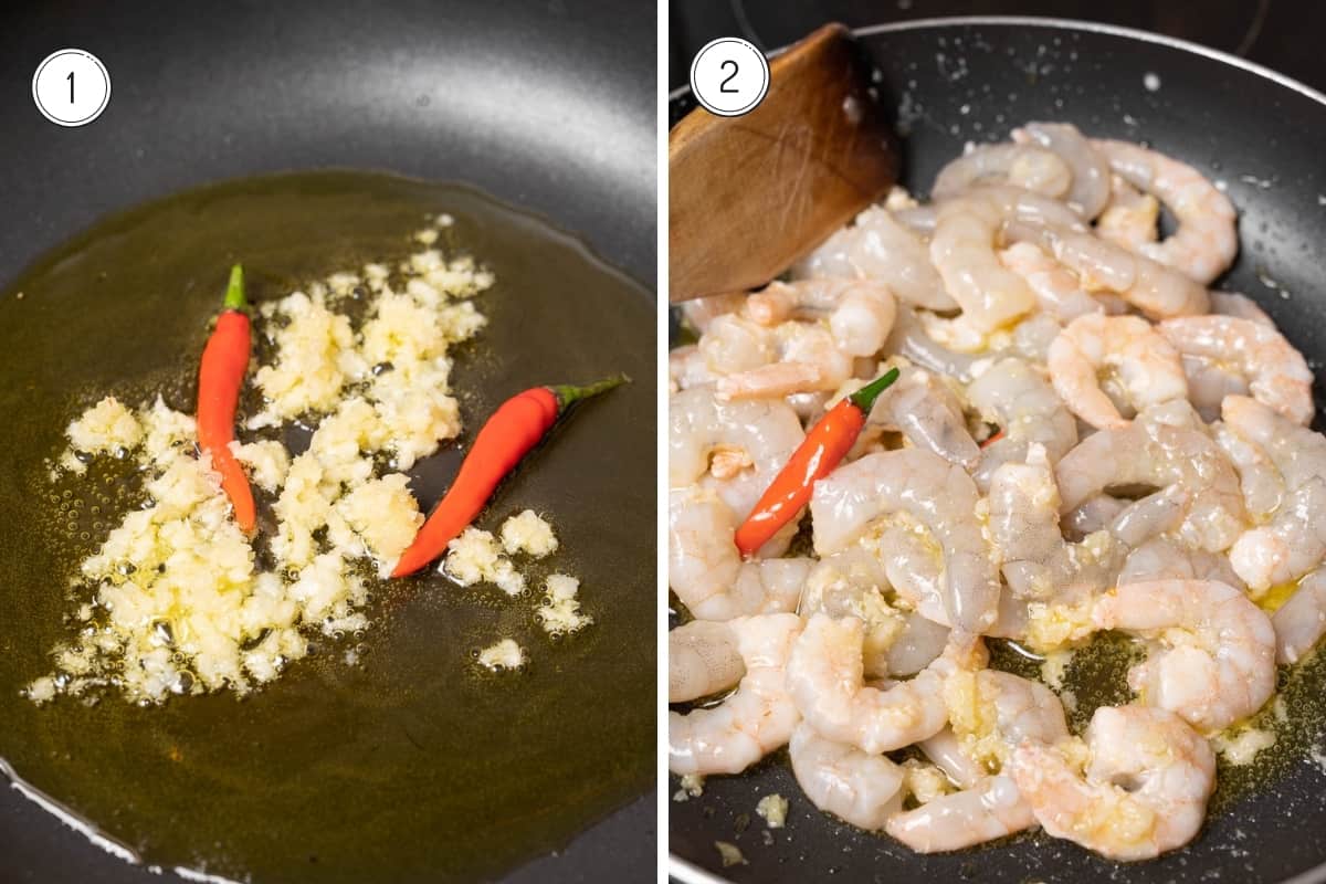 Steps 1-2 of making Spanish garlic prawns in a grid. Minced garlic, cayenne pepper and shrimp in a pan.