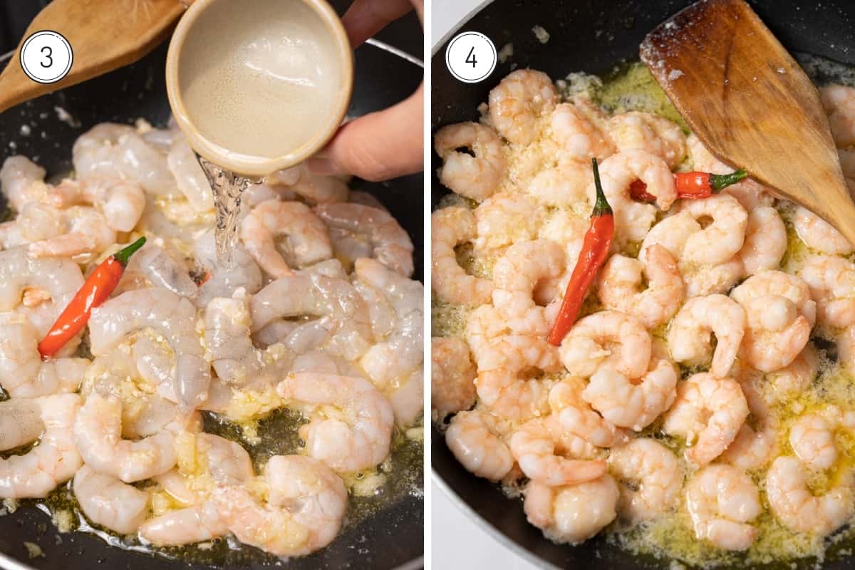 Steps 3-4 making Spanish garlic shrimp in a grid. Adding wine and sautéing the shrimp.