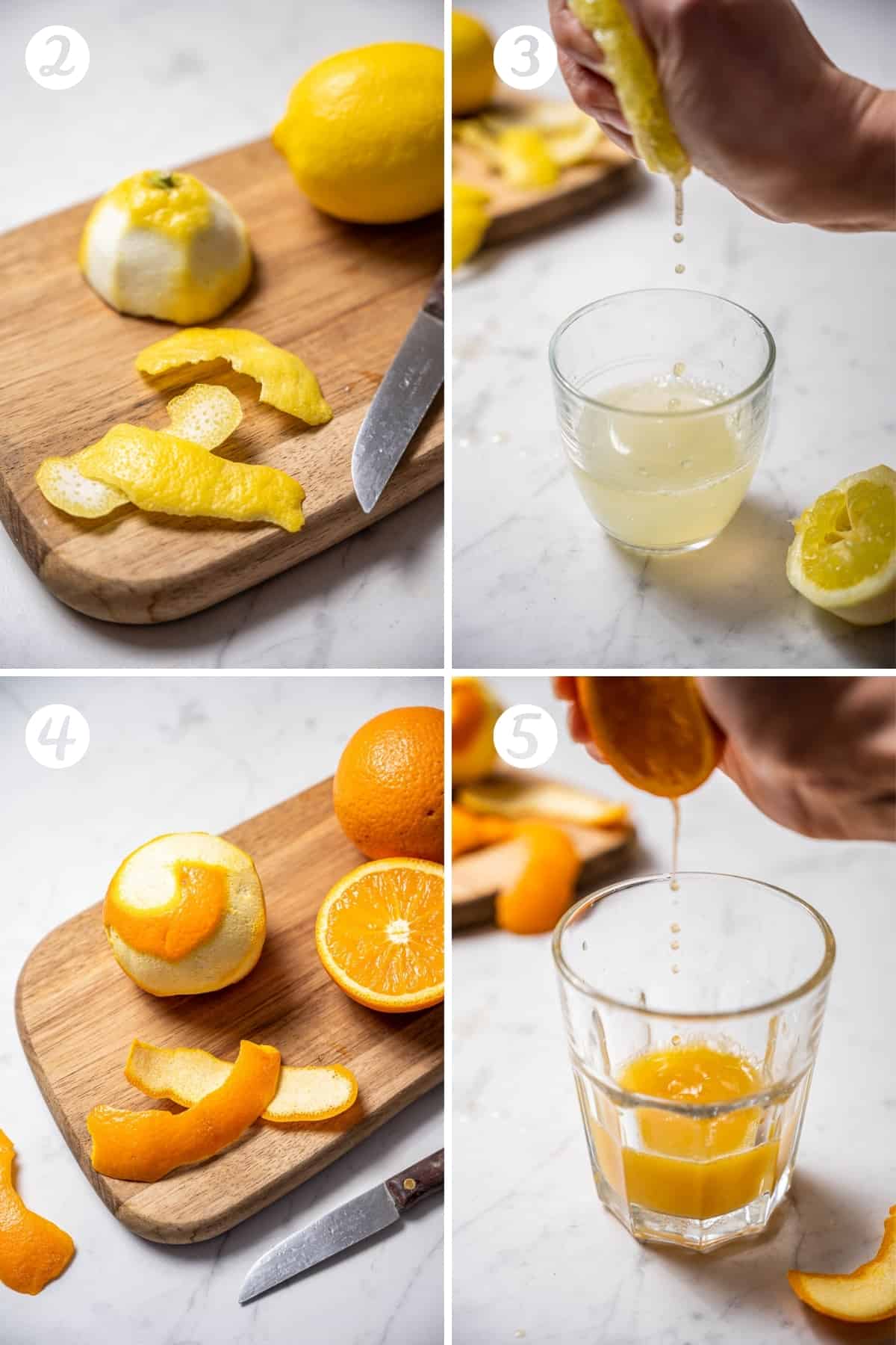 A grid of four photos showing peeling the rind of lemons and oranges and juicing lemons and oranges.