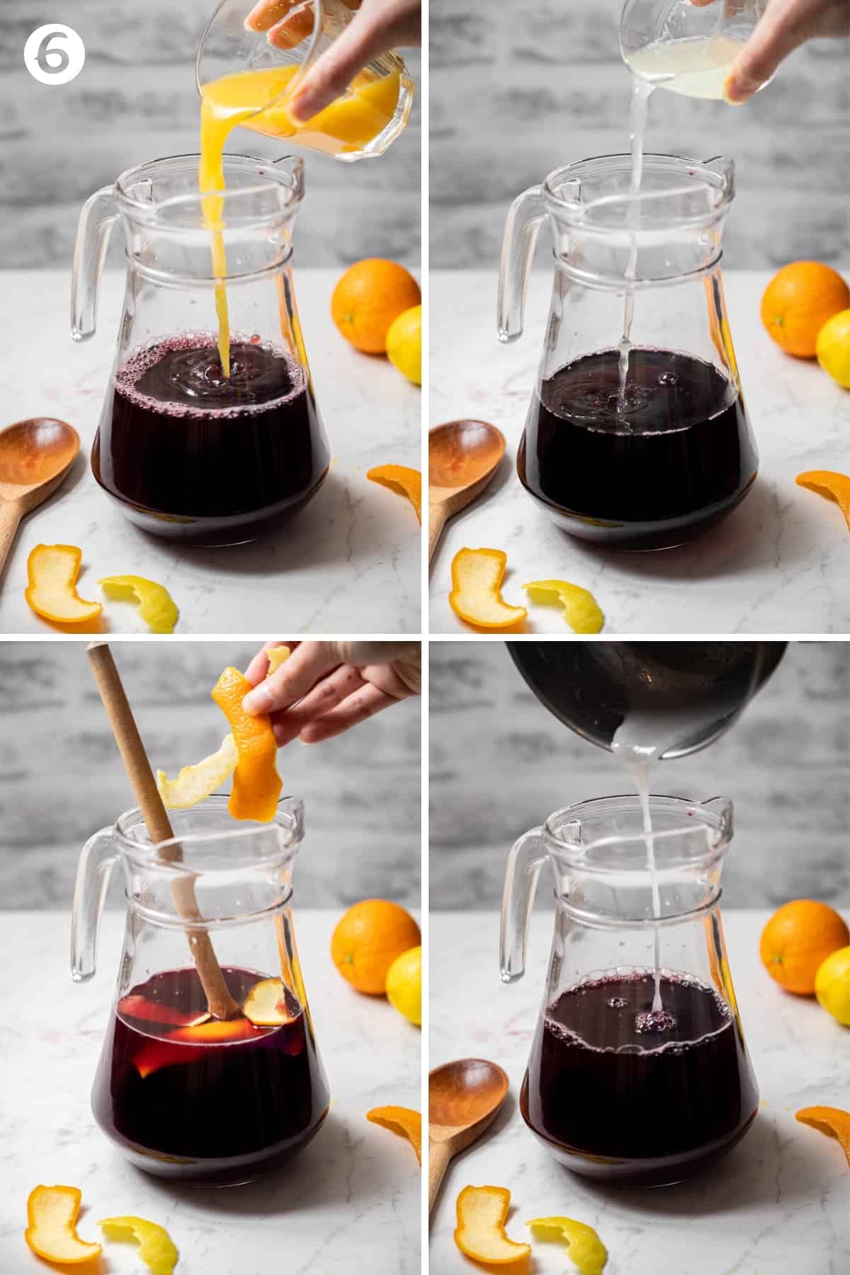 Grid of four photos showing a pitcher of red wine and adding to it orange juice, lemon juice, citrus peel and simple syrup.