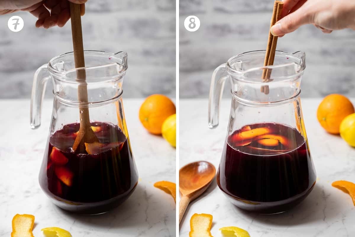 Two photos of making sangria steps -- on the left stirring a pitcher of sangria and on the right adding a cinnamon stick.