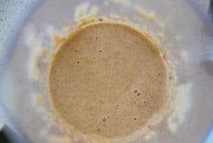 A light brown paste of almonds, garlic and bread cubes in a blender base