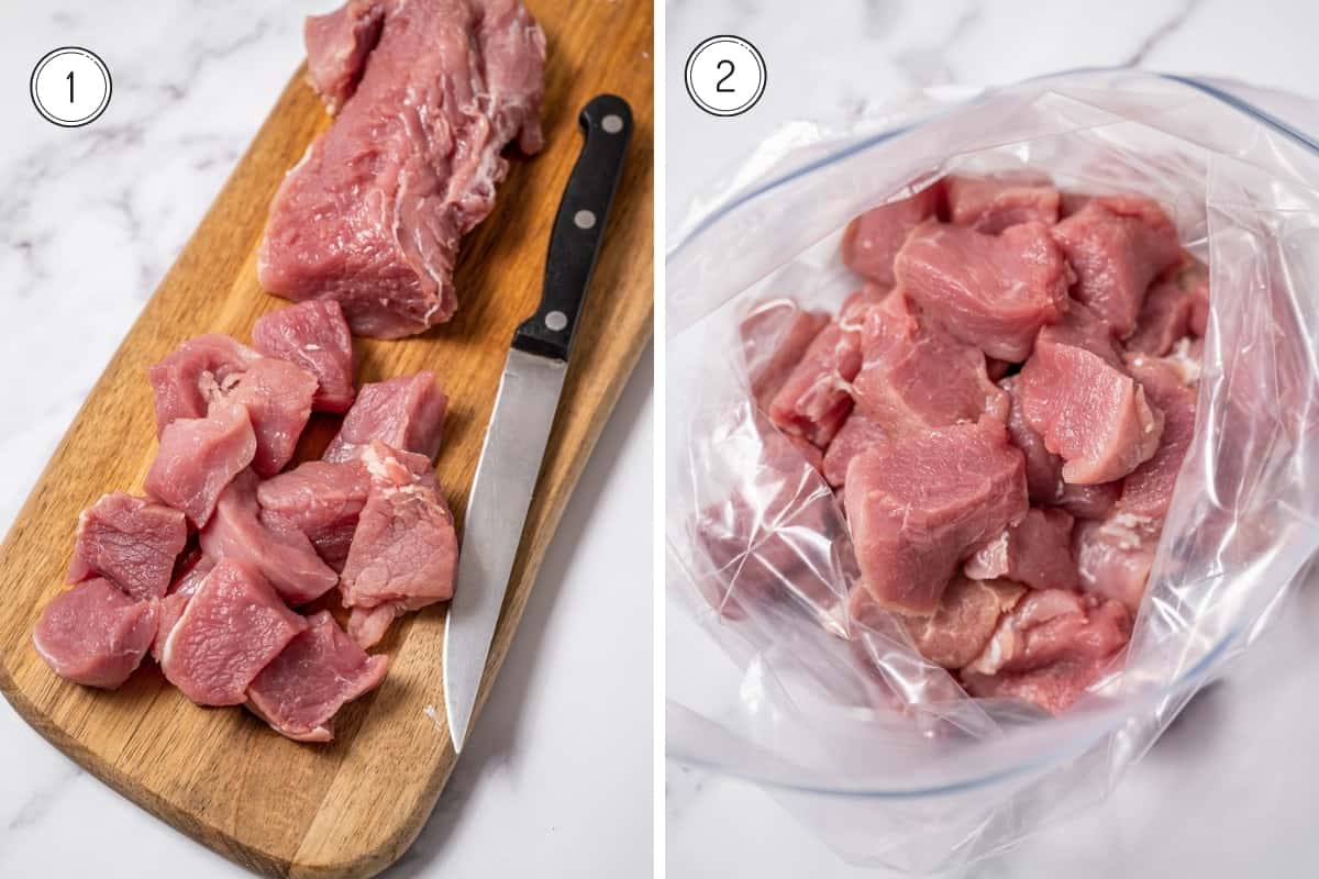 Pork loin cut into cubes to make Spanish pork skewers.