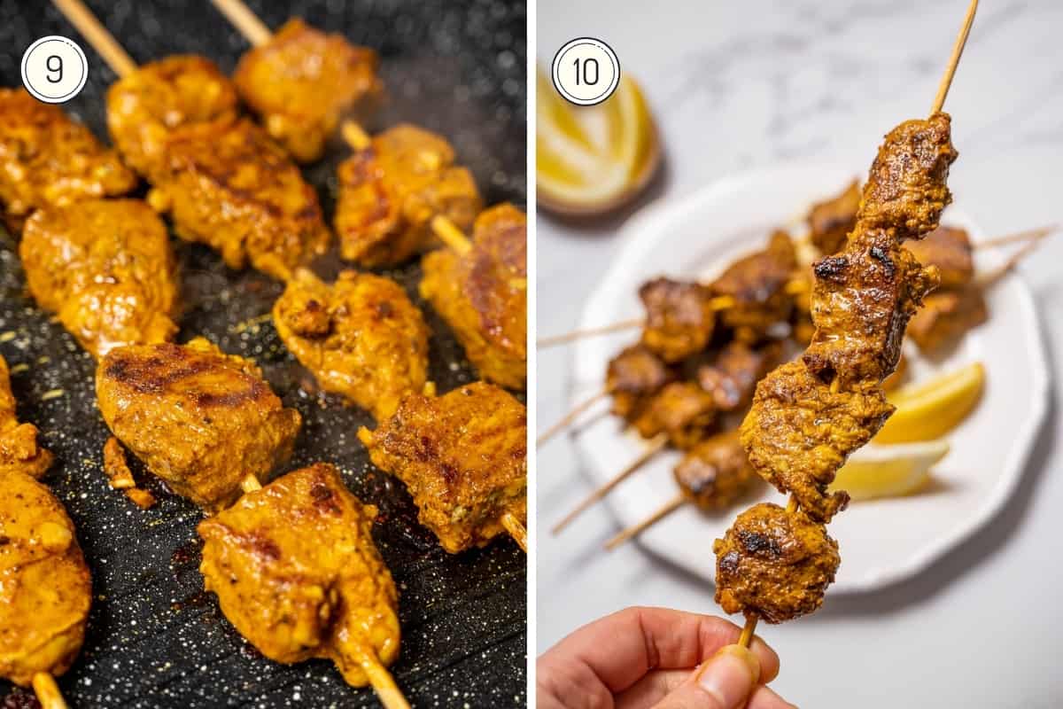 Pinchos morunos recipe steps 9-10 grilling the skewers and then a close up of holding one cooked skewer.