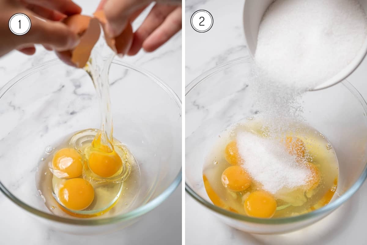 Steps 1-2 of making tarta de Santiago in a grid. Cracking and beating the eggs and sugar.