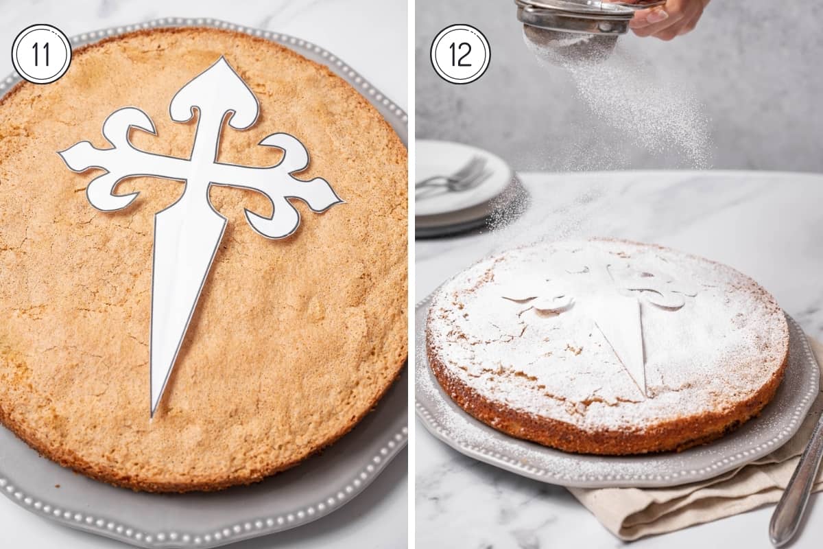 Steps 11-12 tarta de santiago in a grid. Saint James cross stencil with powdered sugar.