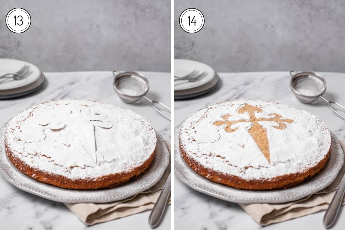Making Spanish almond cake with Saint James stencil. Covering with powdered sugar and removing to leave the cross on the cake.