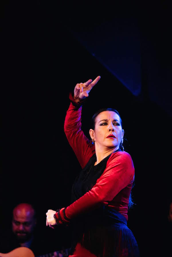 A female flamenco dancer performs on a dark stage, one hand raised above her head.