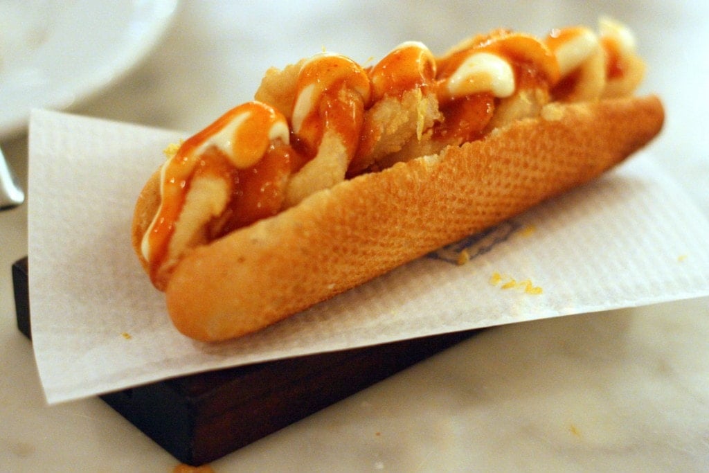 In Spain, anything can be stuffed into a sandwich, including squid! This bocadillo de calamares is a Madrid staple.