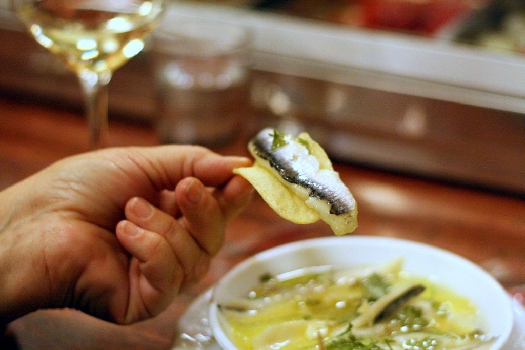 The Mediterranean Diet in Spain includes tons of fish like these vinegar, garlic and parsley cured white anchovies.