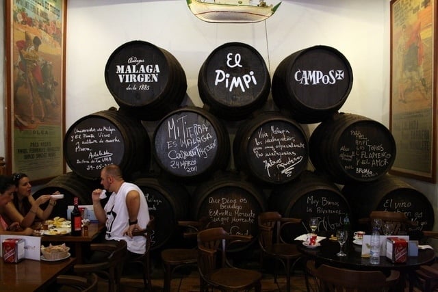 The very cool signed wine barrels at El Pimpi. Another great place on our list of where to eat in Malaga's Historic Center