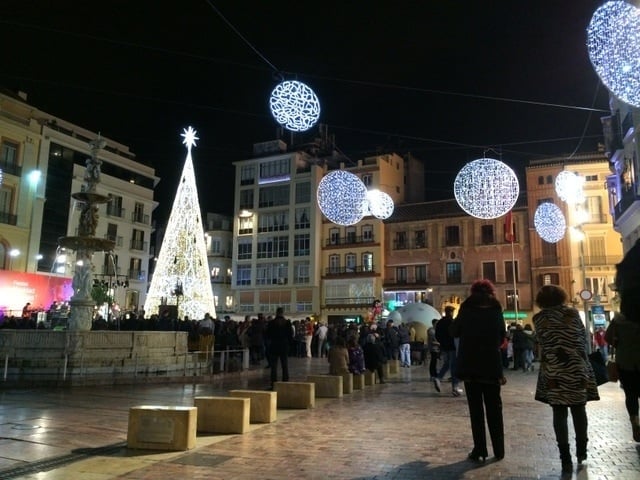 The Plaza de la Constitución lit up for Christmas in Malaga