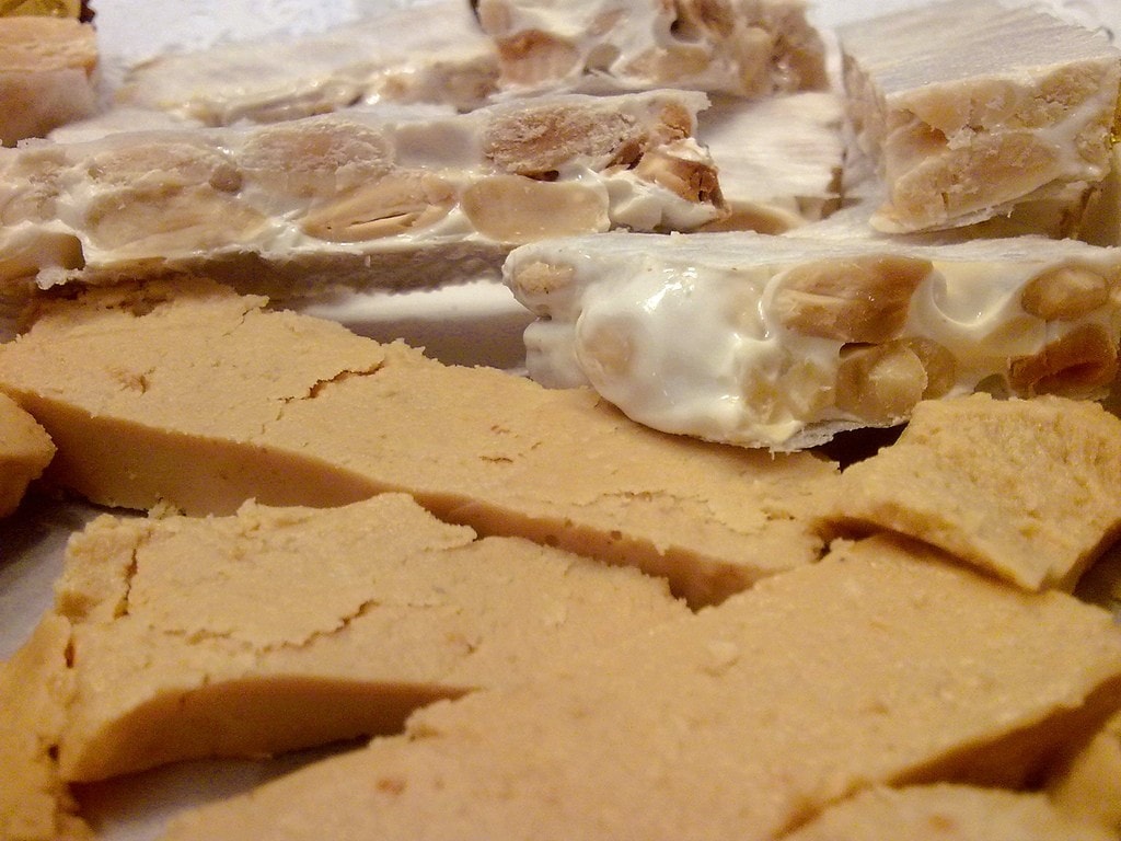 Close-up of hard and soft turrón, or almond nougat.