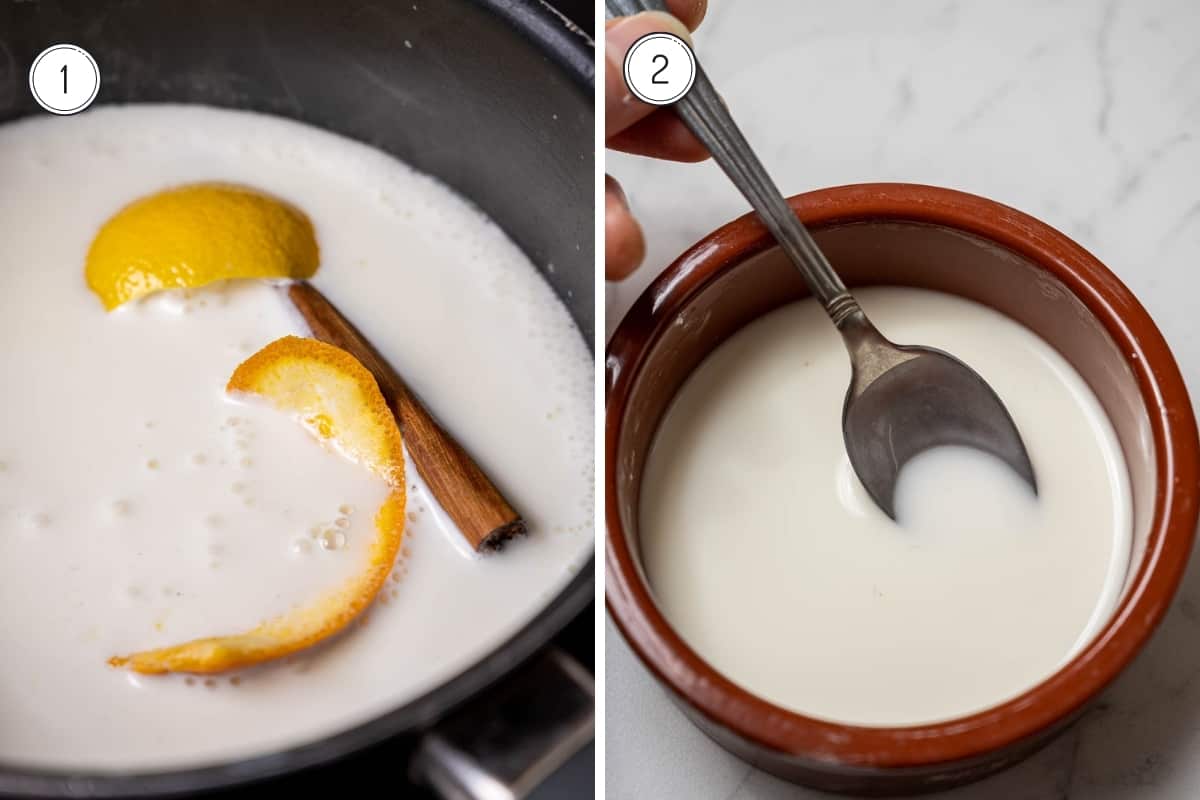 Steps 1-2 for making Crema Catalana. Infusing the citrus and cinnamon in milk, and dissolving corn starch in water.