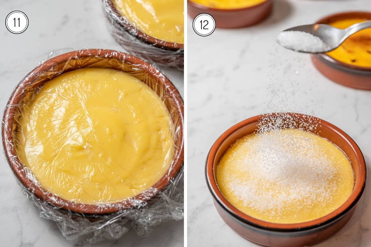Steps 11-12 of making crema catalana. Custard covered with plastic wrap. Custard in a clay dish with a spoon sprinkling sugar on top. 