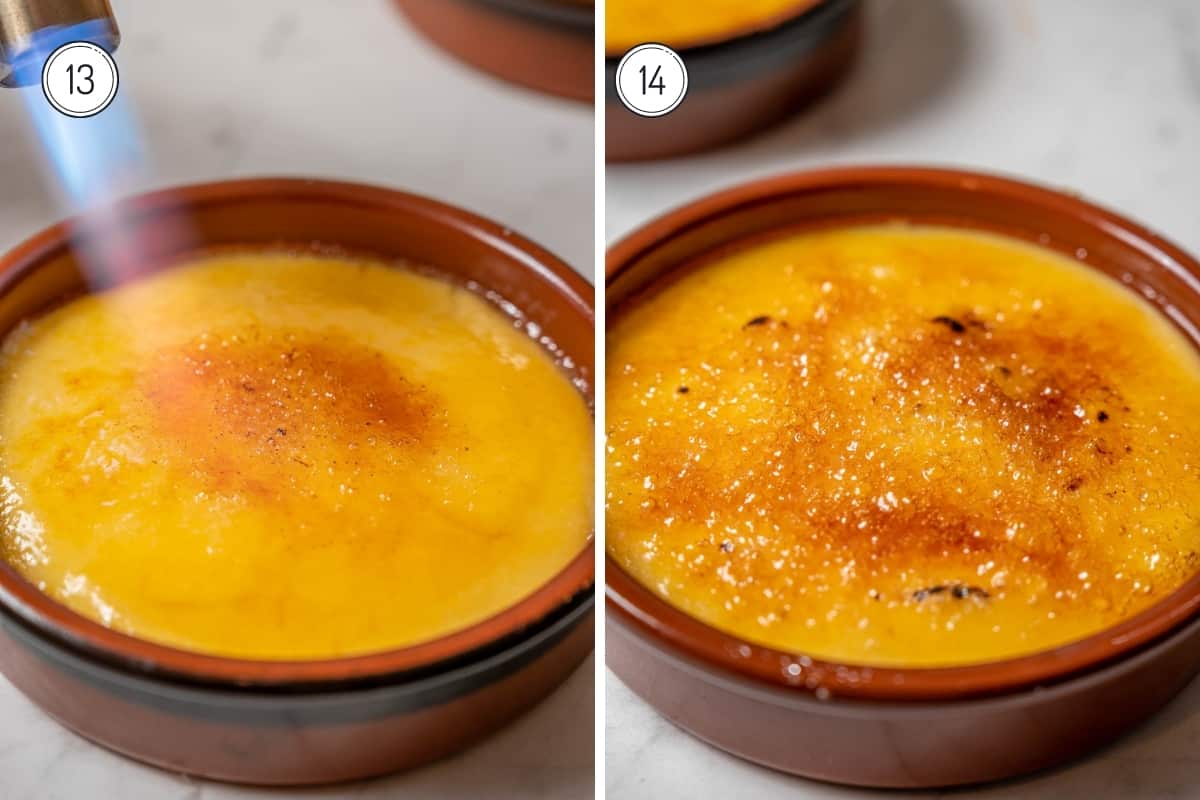 Steps 13-14 making Crema Catalana. Burning the sugar crust with a blowtorch. The final finished crema catalana.