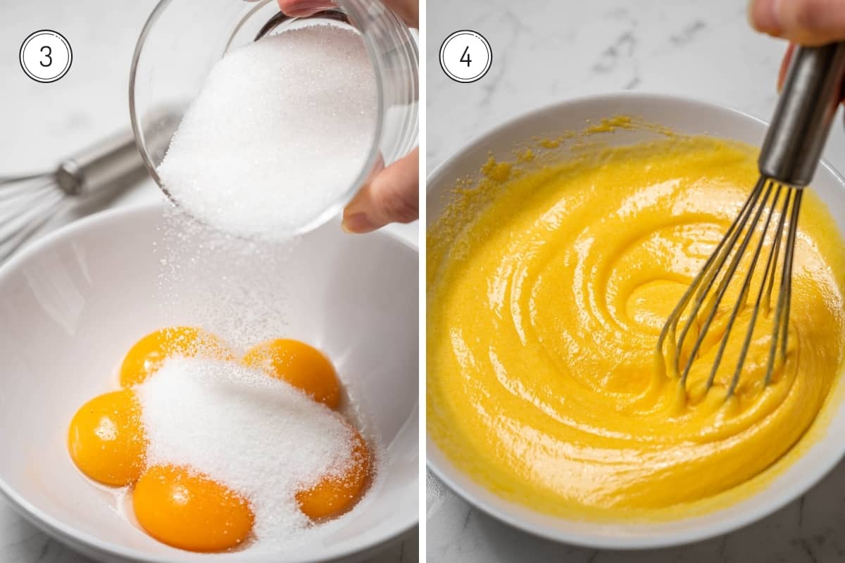 Crema Catalana steps 3-4 in a grid. Adding sugar to a bowl with egg yolks. Whisking the sugar and egg yolks together.