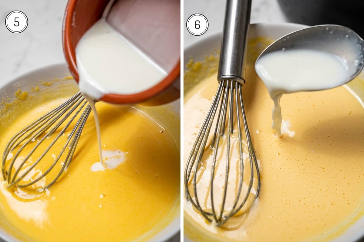 Crema Catalana recipe steps 5-6. Add cornstarch to egg and sugar mixture. Add a spoonful of milk to the mix. 