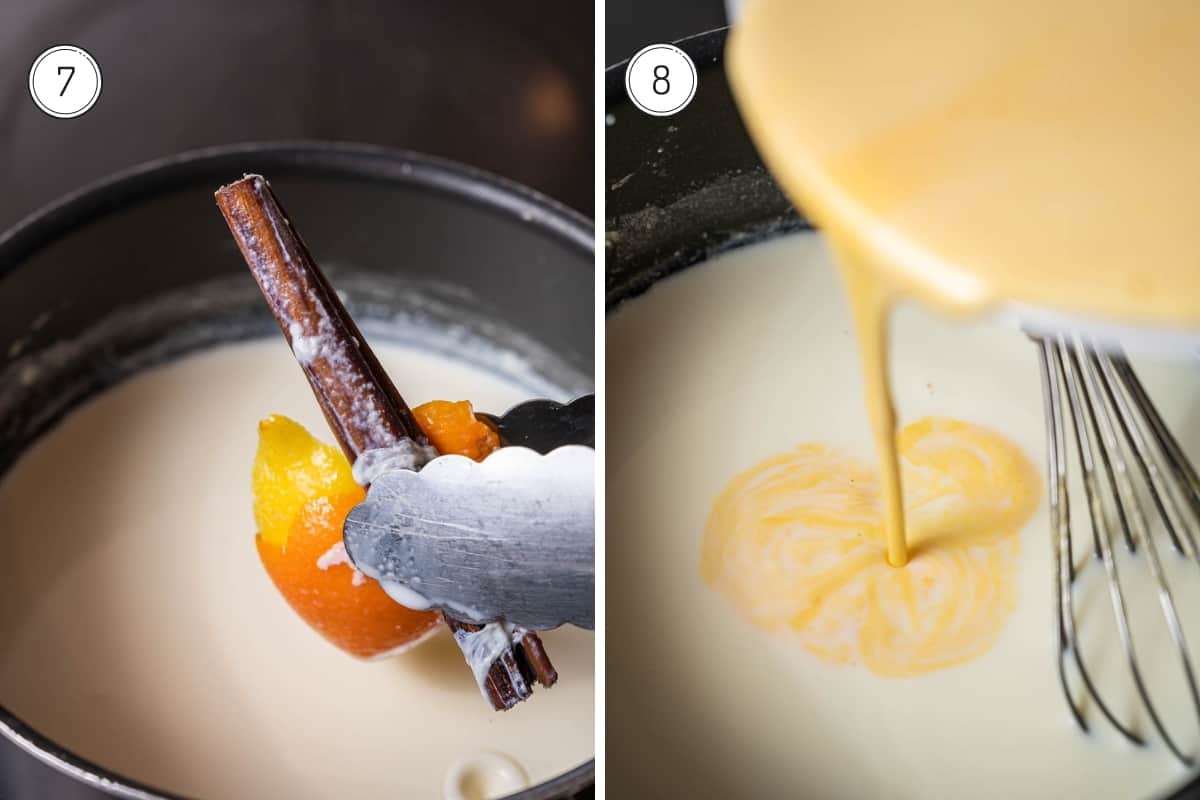 Steps 7-8 of making crema catalana. Removing cinnamon and citrus peel from pot of milk with tongs. Adding beaten egg mix to hot milk.