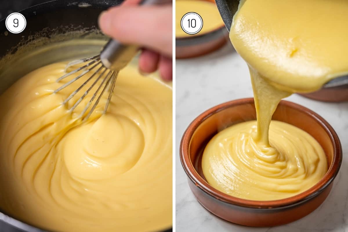 Steps 9-10 making Crema Catalana. Whisking the custard in a metal bowl and pouring into clay ramekins.