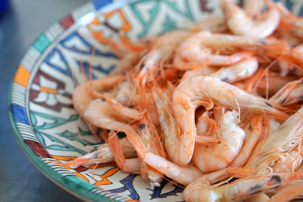 Boiled prawns in Spain.