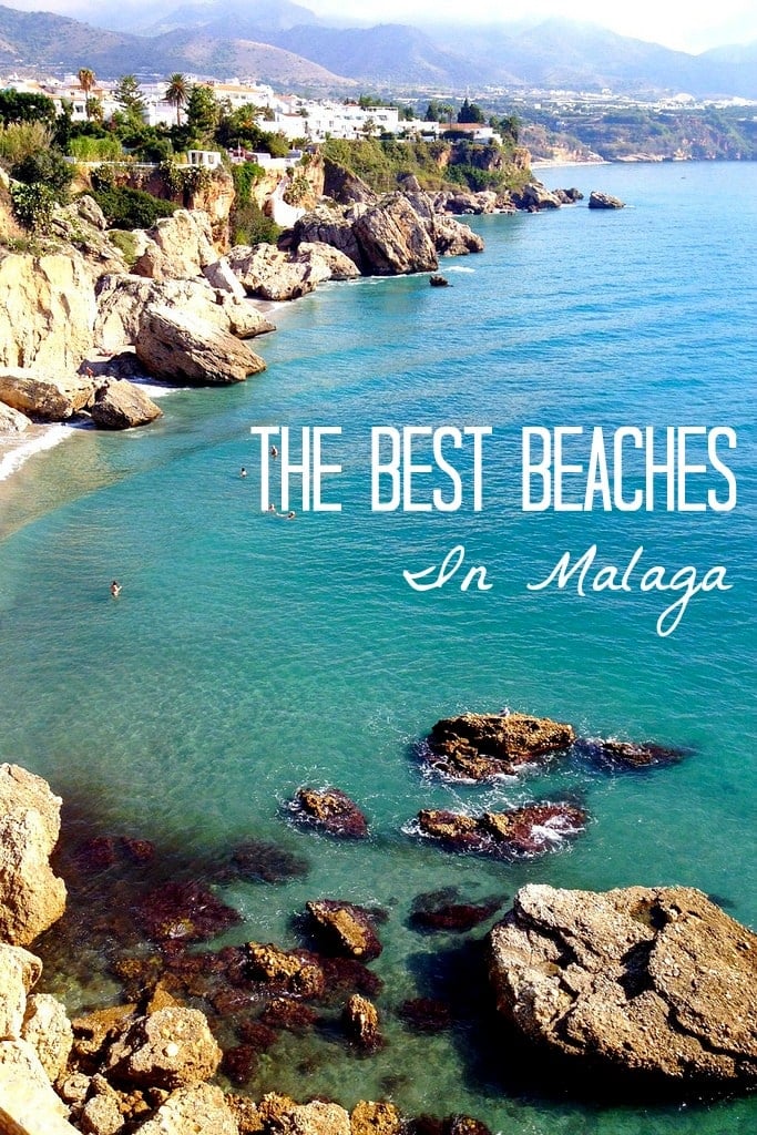 Bright blue ocean and rocky cliffs with white houses. Text overlay: "The Best Beaches in Malaga."
