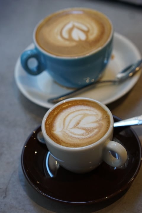 Two cups of coffee with latte art flowers.