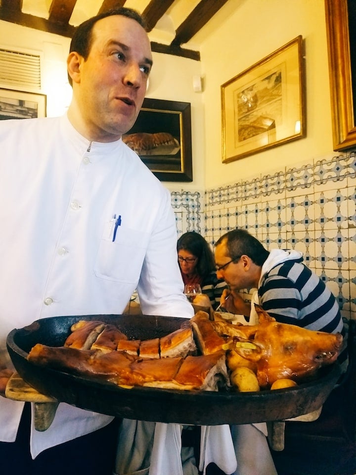 Suckling pig at Botin on a Devour Madrid tour - best cochinillo in Madrid