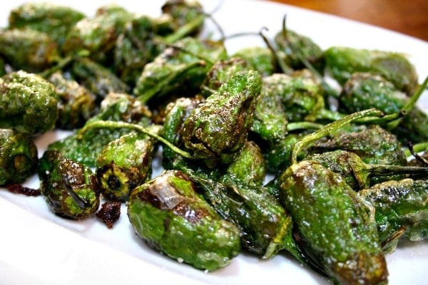 Close-up of a plate of small, wrinkled green peppers, charred and topped with flaky salt.