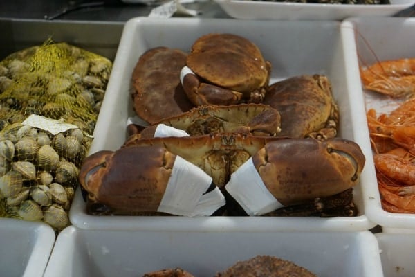 Looking for the tastiest and most typical foods in Galicia? Take a walk through the best market in Santiago de Compostela, where you can find crabs like these!